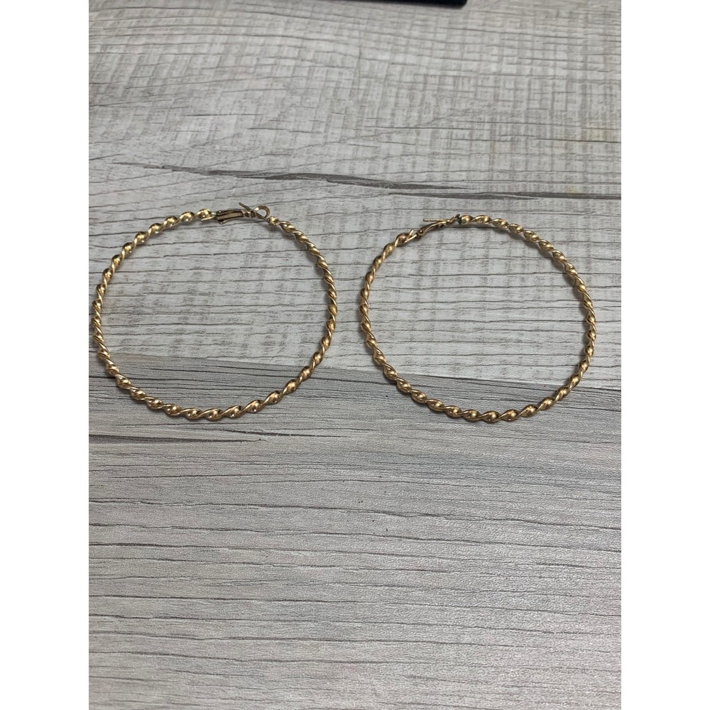 Gold Tone Twisted Rope Large Hoop Earrings Textured Spiral Latch Back 2.25"